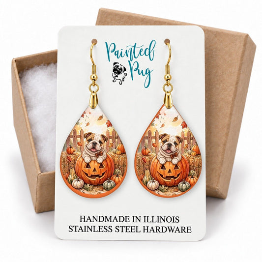 Bulldog Pumpkin Teardrop Earrings gift box