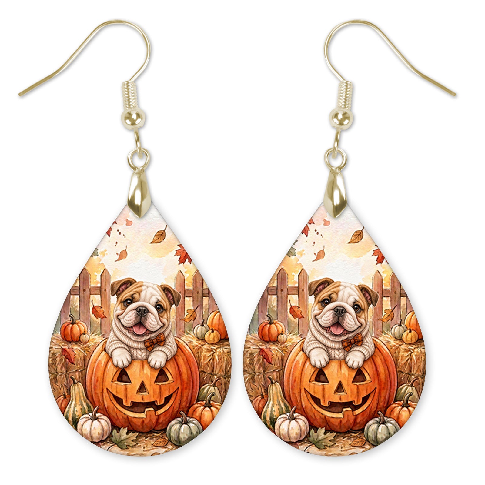 Bulldog in a cream sweater in a jack-o'-lantern teardrop earrings with gold-tone hooks