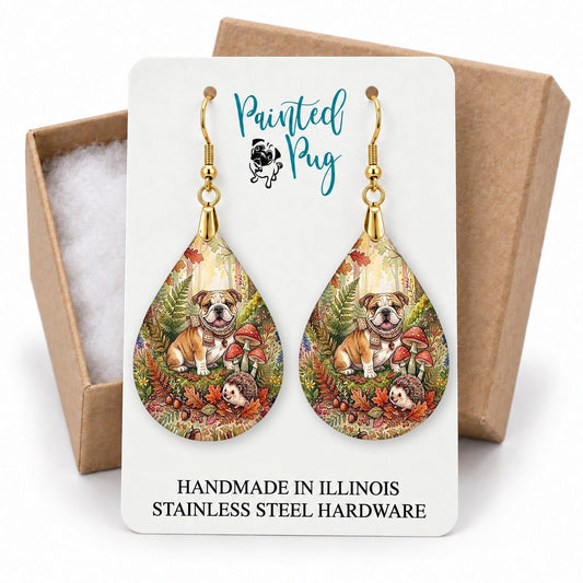 Bulldog Woodland Teardrop Earrings gift box