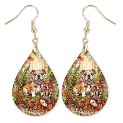 Bulldog in an autumn woodland teardrop earrings with gold-tone hooks
