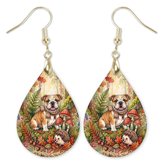 Bulldog in an autumn woodland teardrop earrings with gold-tone hooks