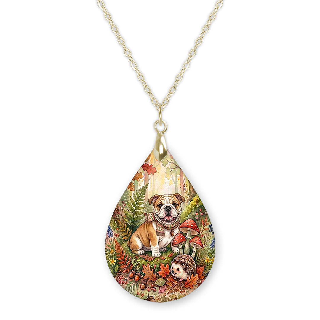 Bulldog woodland teardrop pendant necklace on a gold-tone chain