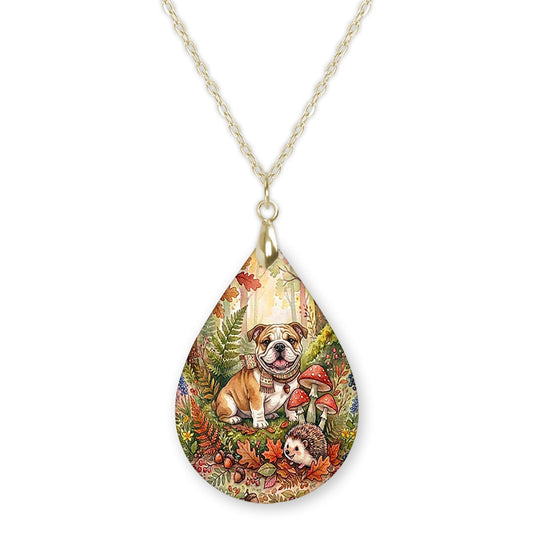 Bulldog woodland teardrop pendant necklace on a gold-tone chain
