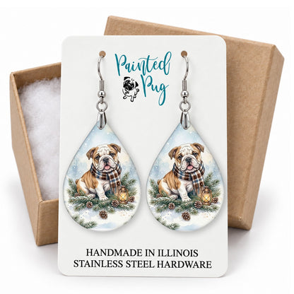 Bulldog Winter Woodland teardrop earrings on a gift box card