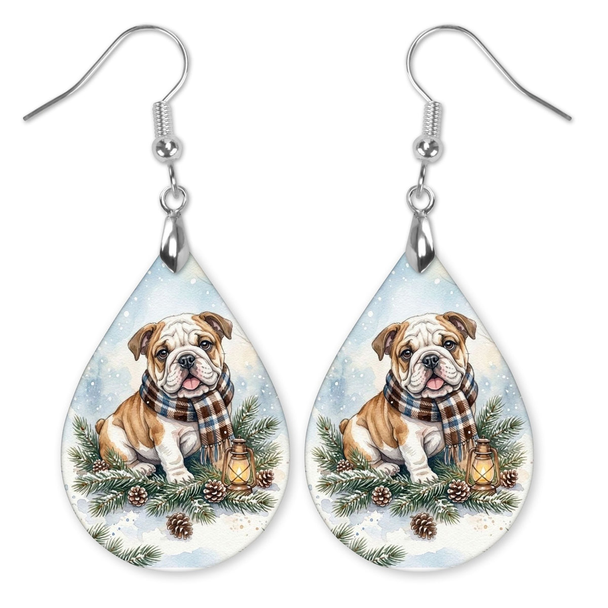 Bulldog Winter Woodland teardrop earrings with silver-tone hooks