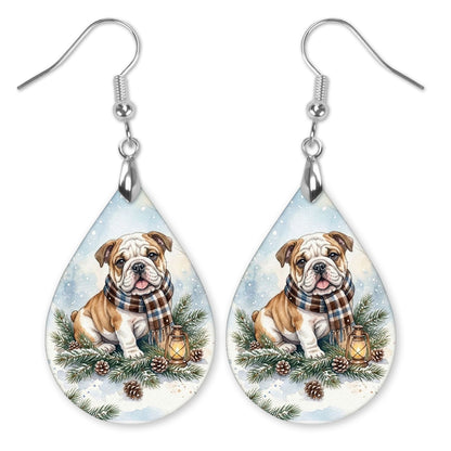 Bulldog Winter Woodland teardrop earrings with silver-tone hooks