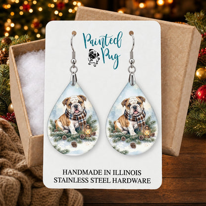 Bulldog Winter Woodland earrings in a gift box on a Christmas table