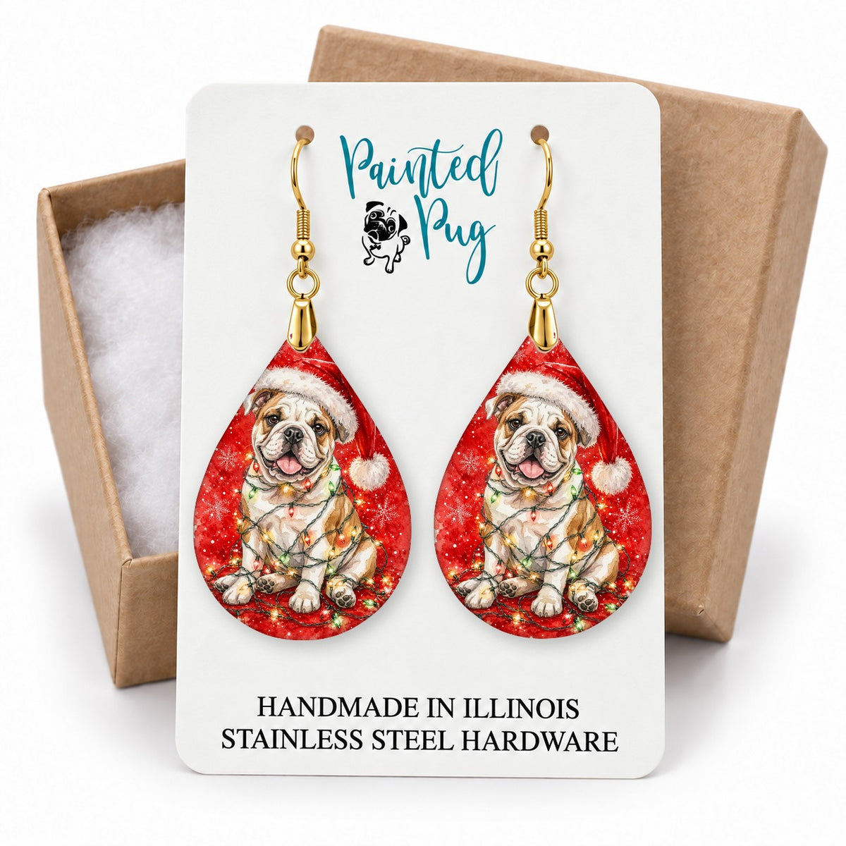 Bulldog Christmas Lights teardrop earrings on a gift box card