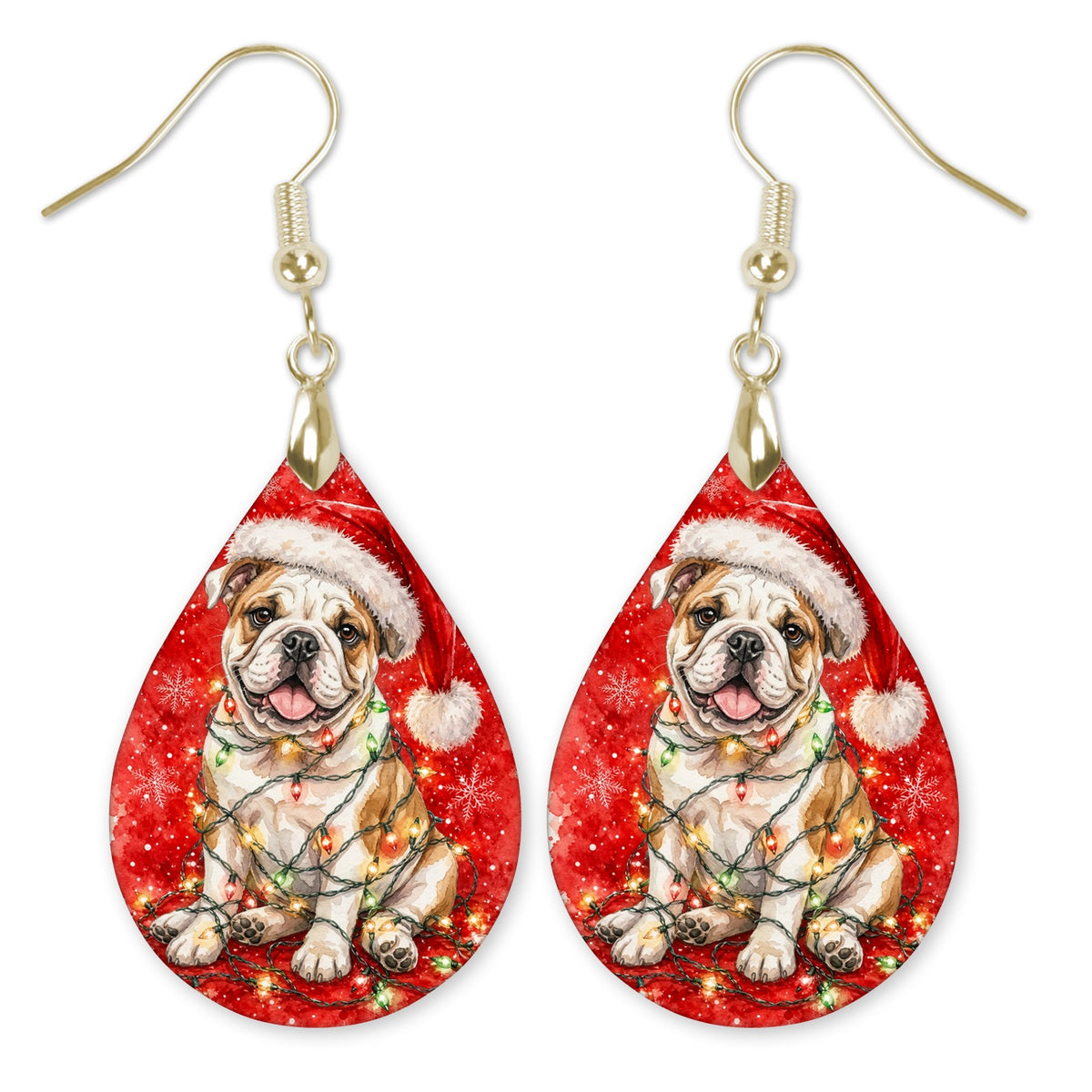Bulldog Christmas Lights teardrop earrings with gold-tone hooks