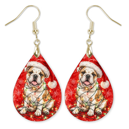 Bulldog Christmas Lights teardrop earrings with gold-tone hooks