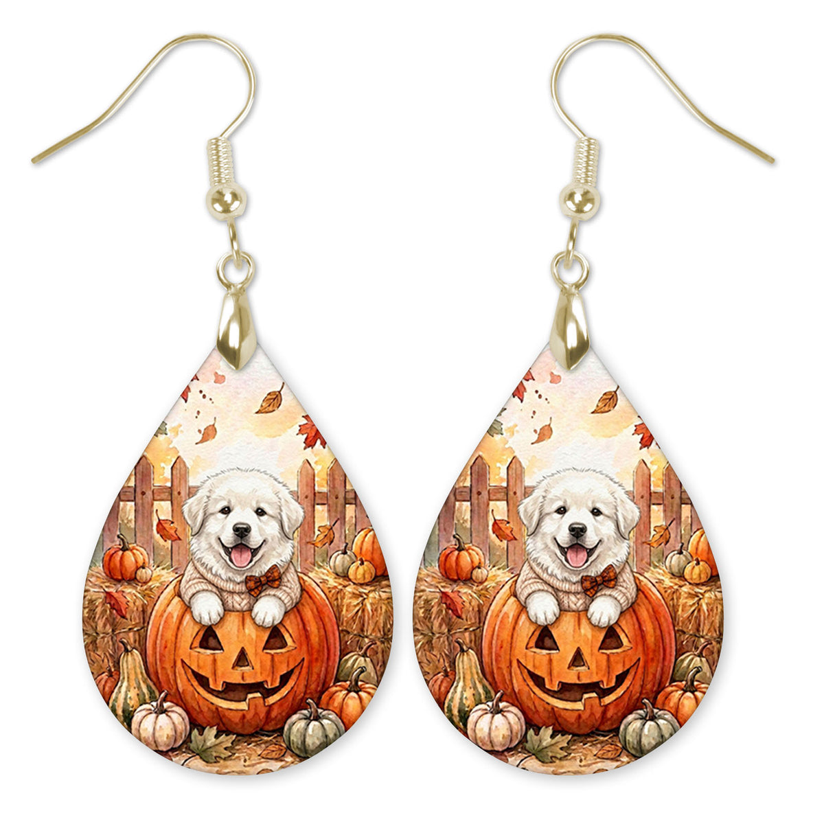Great Pyrenees in a cream sweater on a jack-o'-lantern teardrop earrings with gold-tone hooks