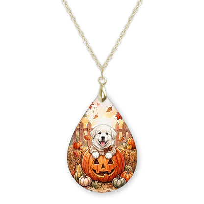 Great Pyrenees pumpkin teardrop pendant necklace on a gold-tone chain