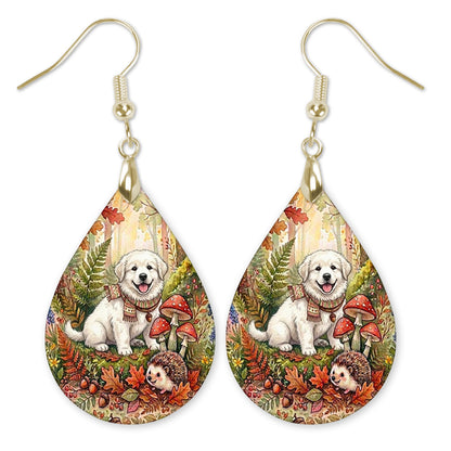 Great Pyrenees in an autumn woodland teardrop earrings with gold-tone hooks