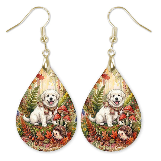 Great Pyrenees in an autumn woodland teardrop earrings with gold-tone hooks
