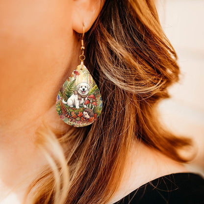 Model wearing Great Pyrenees woodland teardrop earrings