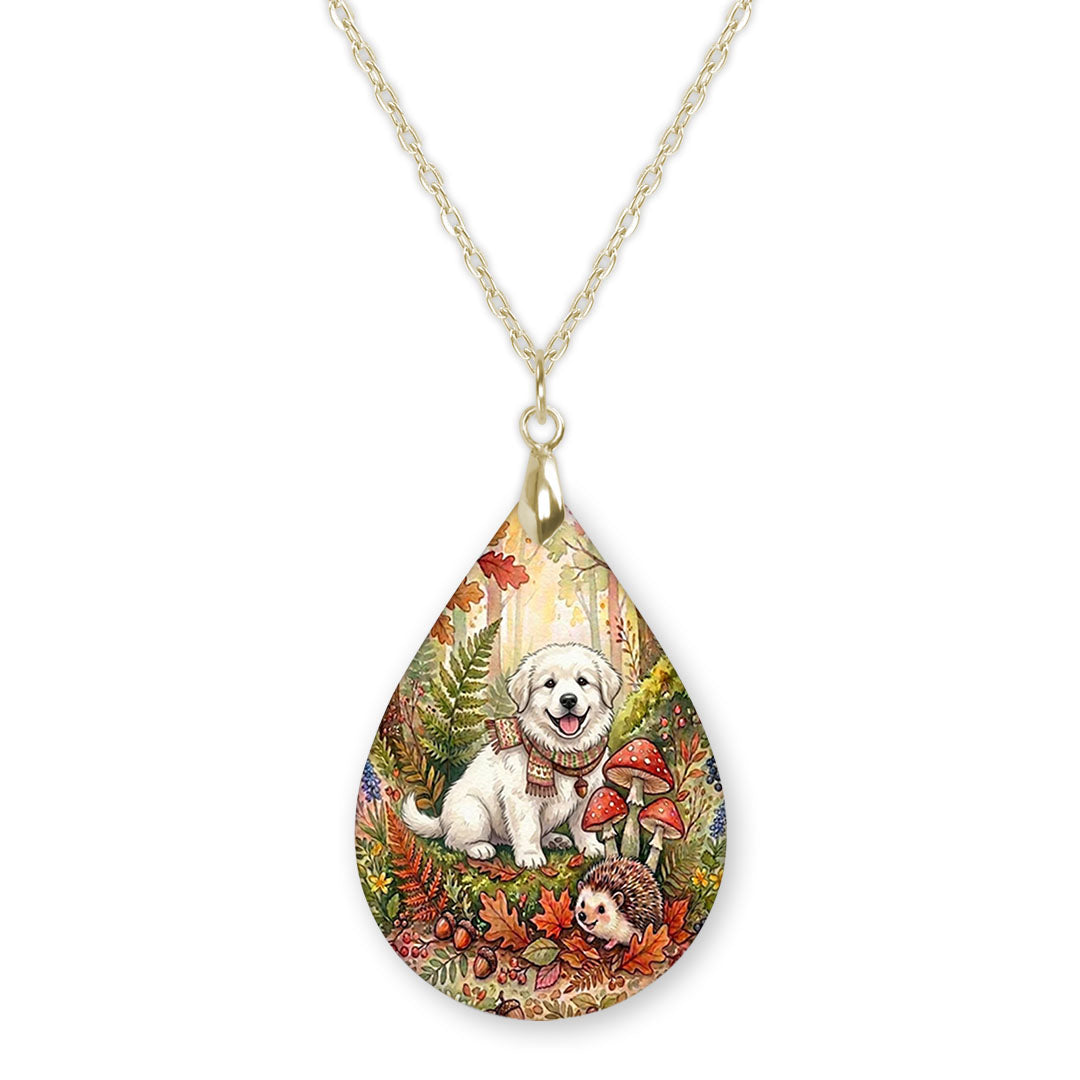 Great Pyrenees woodland teardrop pendant necklace on a gold-tone chain