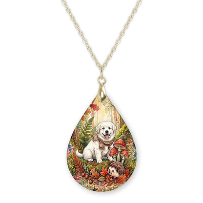 Great Pyrenees woodland teardrop pendant necklace on a gold-tone chain