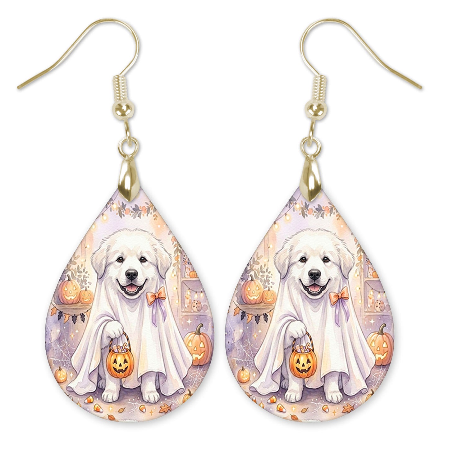 Great Pyrenees in a ghost costume with a candy bucket teardrop earrings with gold-tone hooks