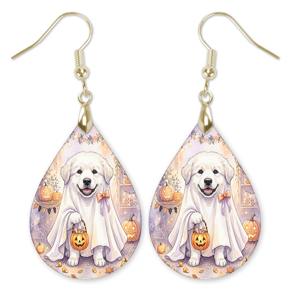 Great Pyrenees in a ghost costume with a candy bucket teardrop earrings with gold-tone hooks