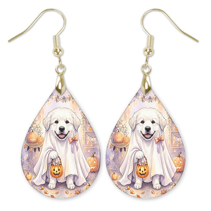 Great Pyrenees in a ghost costume with a candy bucket teardrop earrings with gold-tone hooks