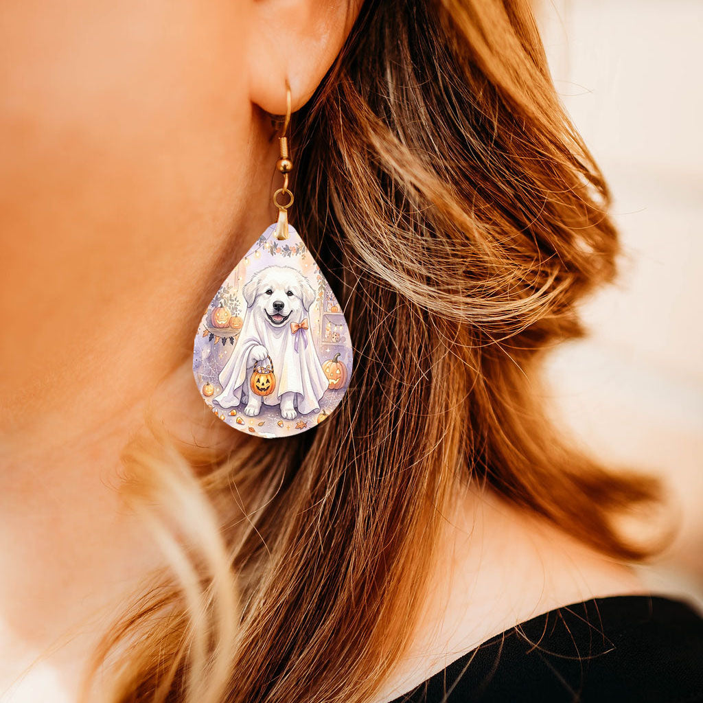 Model wearing Great Pyrenees ghost teardrop earrings