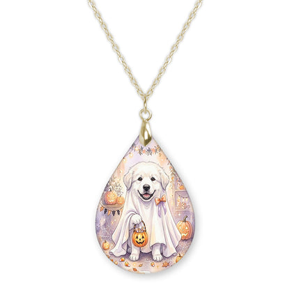 Great Pyrenees ghost teardrop pendant necklace on a gold-tone chain