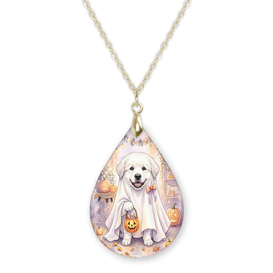 Great Pyrenees ghost teardrop pendant necklace on a gold-tone chain