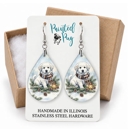 Great Pyrenees Winter Woodland teardrop earrings on a gift box card