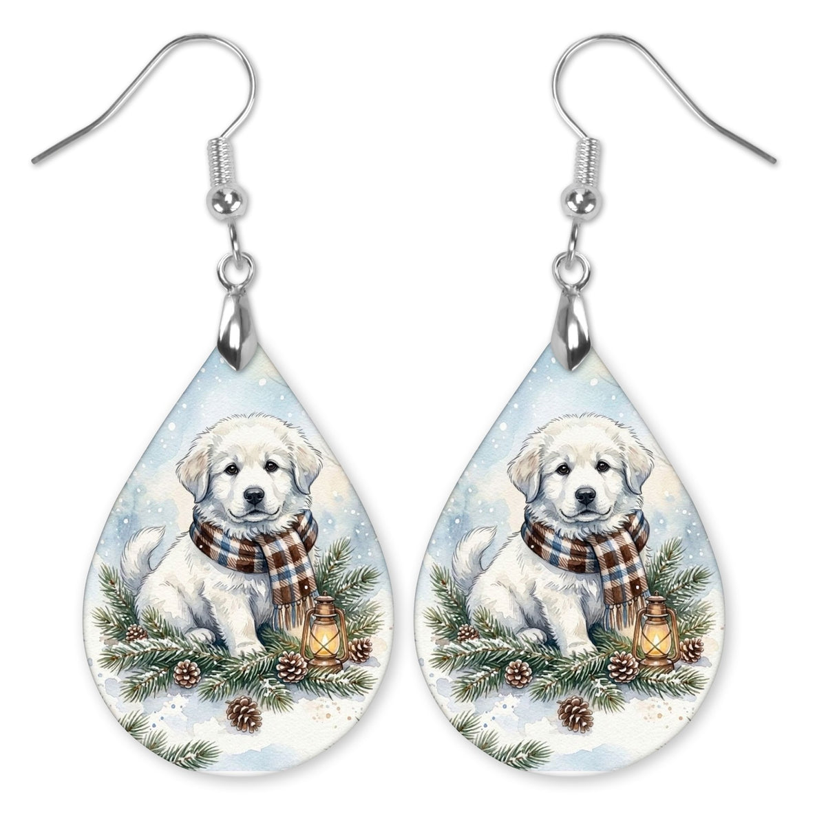 Great Pyrenees Winter Woodland teardrop earrings with silver-tone hooks