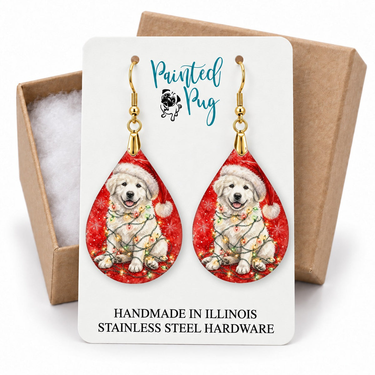 Great Pyrenees Christmas Lights teardrop earrings on a gift box card