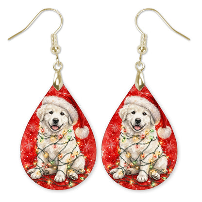 Great Pyrenees Christmas Lights teardrop earrings with gold-tone hooks