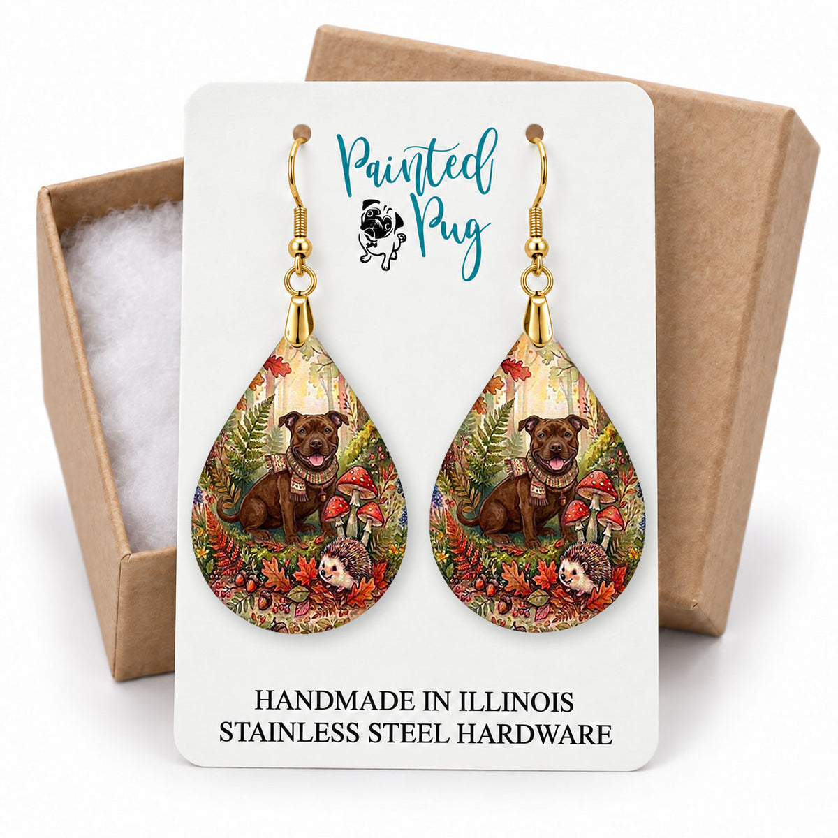 Pitbull woodland teardrop earrings on a Painted Pug earring card with a kraft gift box