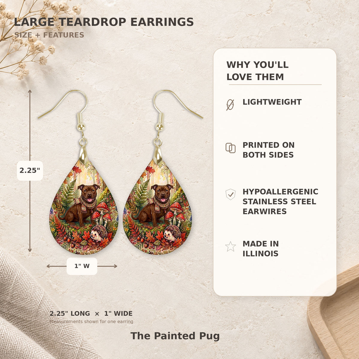 Size and features guide for the pitbull woodland teardrop earrings, 2.25 inches long by 1 inch wide
