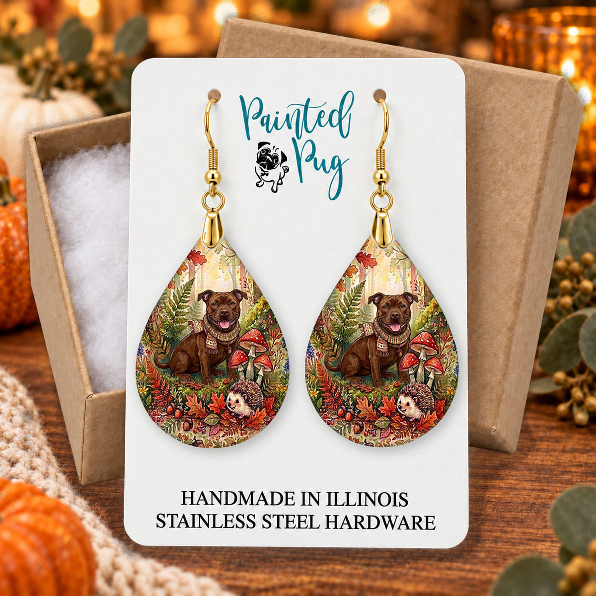 Pitbull woodland teardrop earrings gift boxed on a cozy fall background