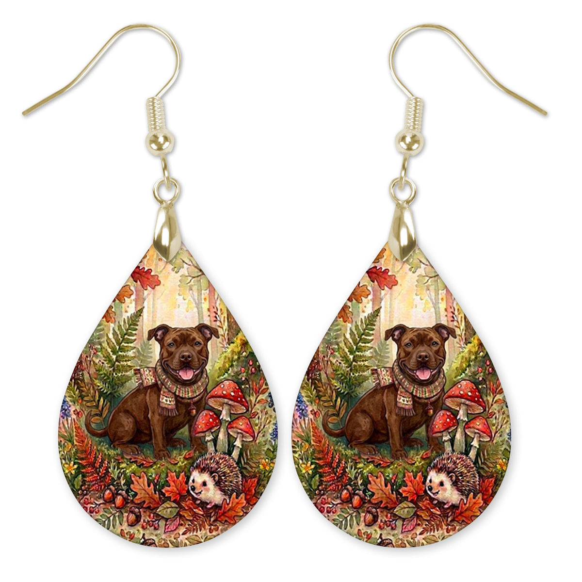 Pitbull in an autumn woodland teardrop earrings with gold-tone hooks