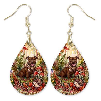 Pitbull in an autumn woodland teardrop earrings with gold-tone hooks