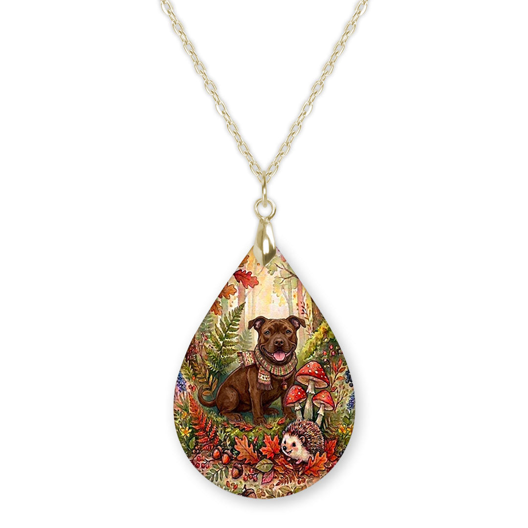 Pitbull woodland teardrop pendant necklace on a gold-tone chain
