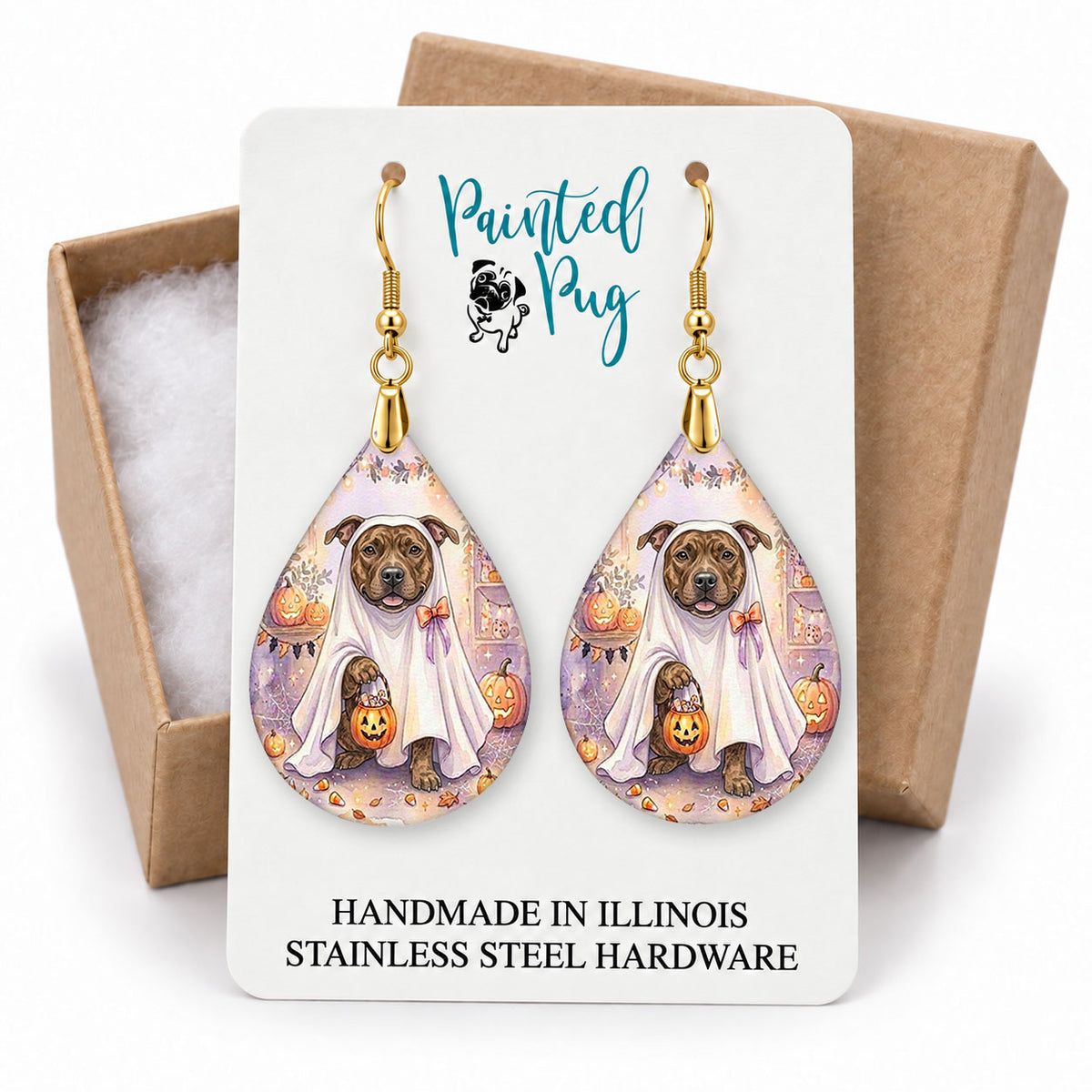 Pitbull ghost teardrop earrings on a Painted Pug earring card with a kraft gift box