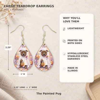 Size and features guide for the pitbull ghost teardrop earrings, 2.25 inches long by 1 inch wide