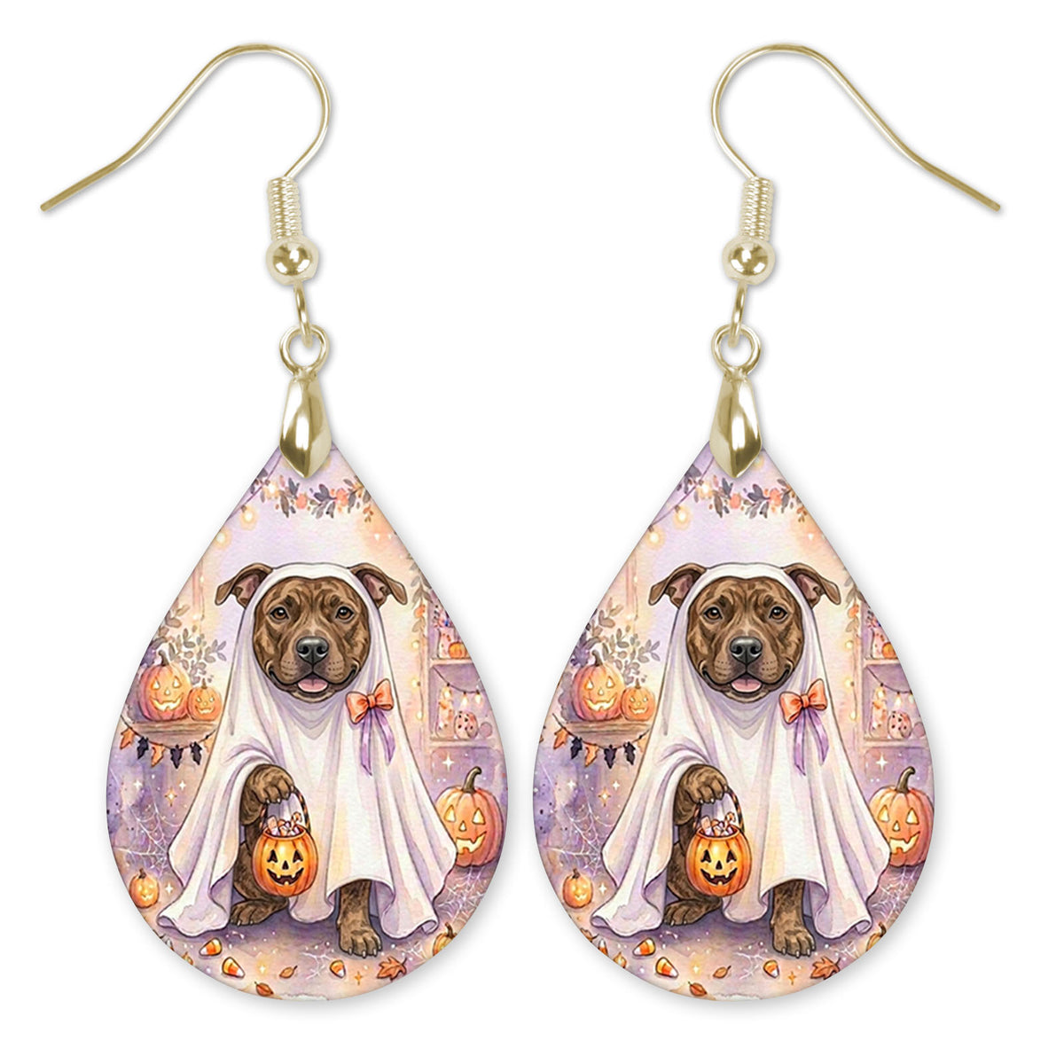 Pitbull in a ghost costume with a candy bucket teardrop earrings with gold-tone hooks