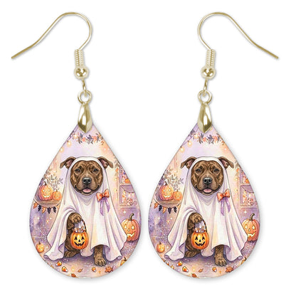 Pitbull in a ghost costume with a candy bucket teardrop earrings with gold-tone hooks