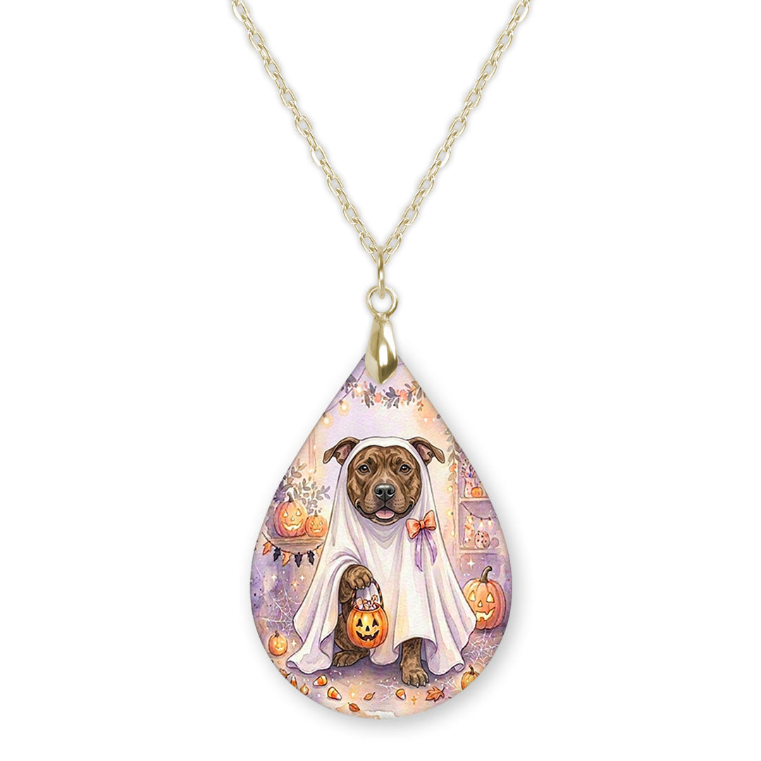 Pitbull ghost teardrop pendant necklace on a gold-tone chain