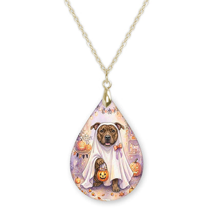 Pitbull ghost teardrop pendant necklace on a gold-tone chain