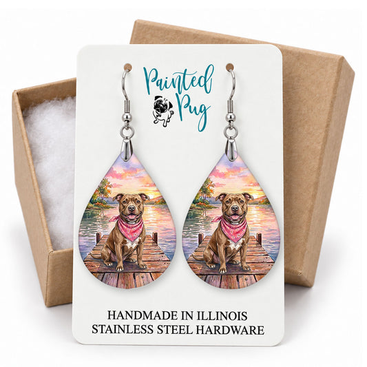 Pitbull lake teardrop earrings on a Painted Pug earring card with a kraft gift box