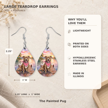 Size and features guide for the pitbull lake teardrop earrings, 2.25 inches long by 1 inch wide