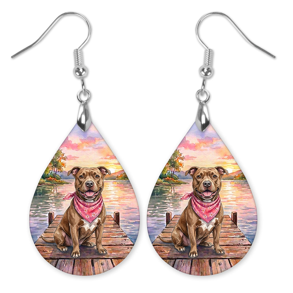 Pitbull on a dock at a lake sunset teardrop earrings with silver-tone hooks