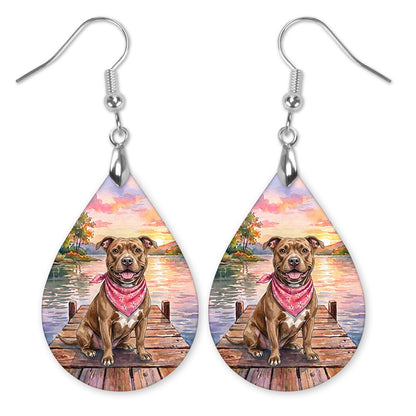 Pitbull on a dock at a lake sunset teardrop earrings with silver-tone hooks