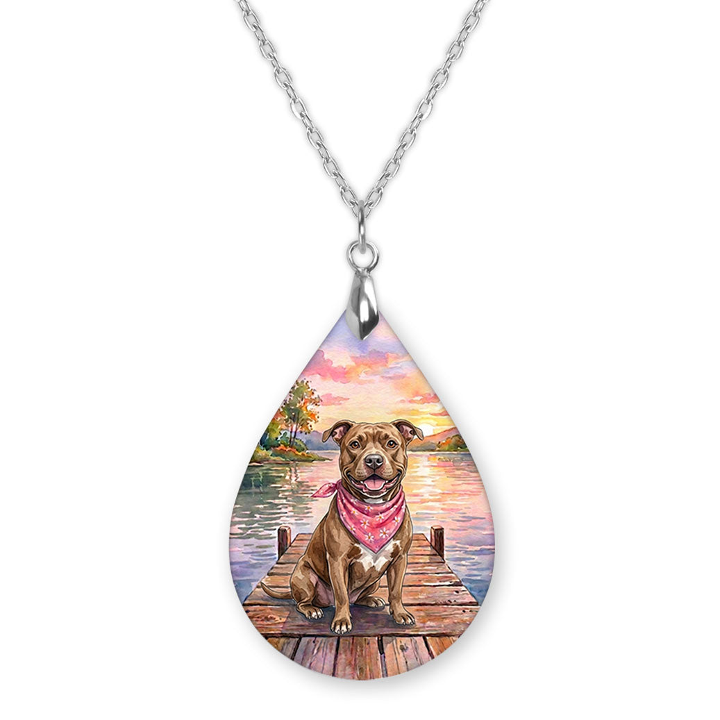 Pitbull lake teardrop pendant necklace on a silver-tone chain