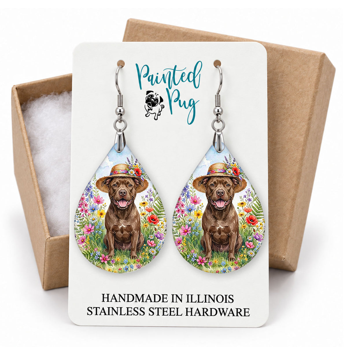 Pitbull wildflower teardrop earrings on a Painted Pug earring card with a kraft gift box