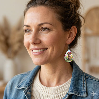 Woman wearing pitbull wildflower teardrop earrings with silver-tone hooks